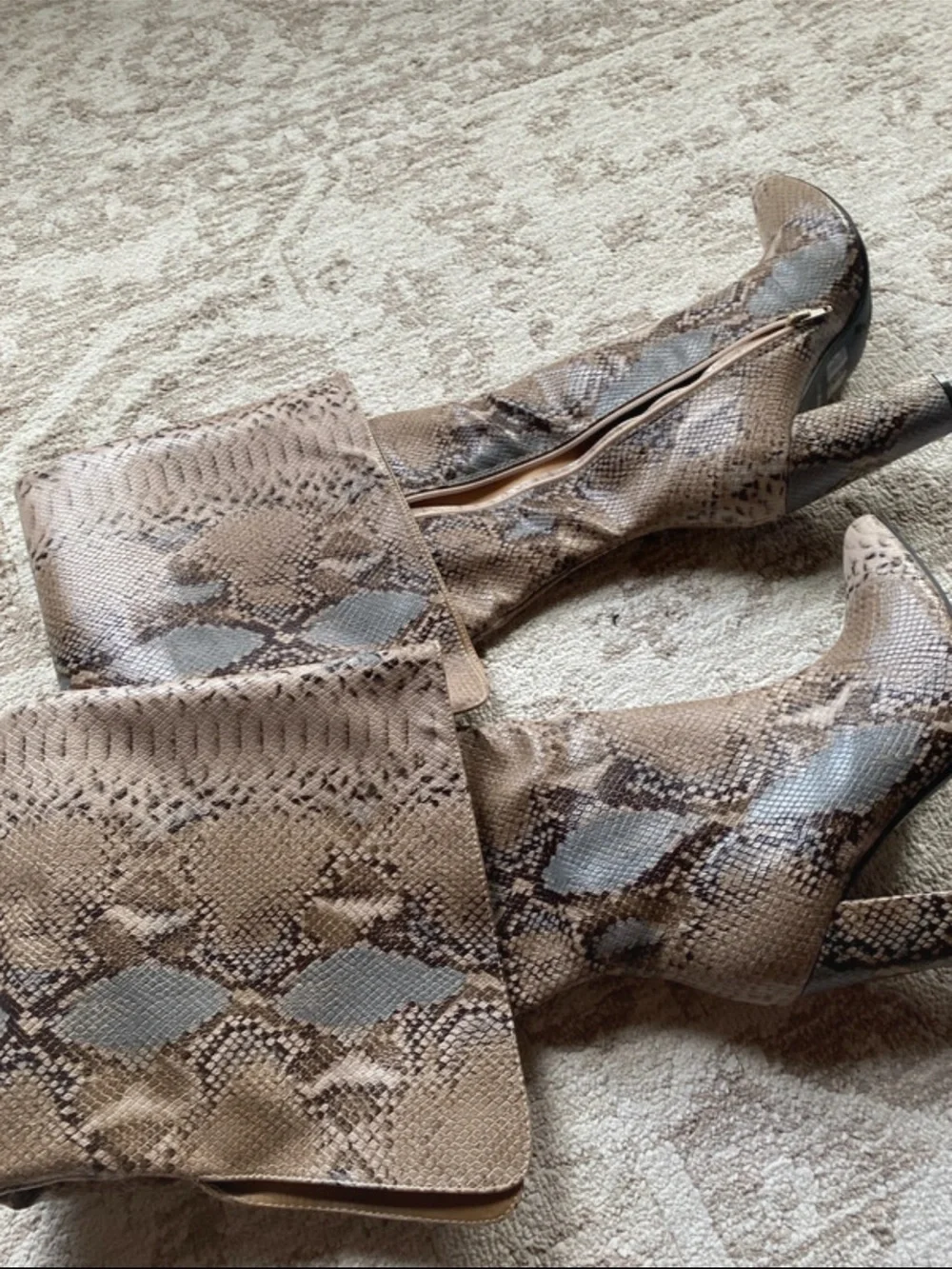 Snake-Print Over-the-Knee Boots in Taupe Brown